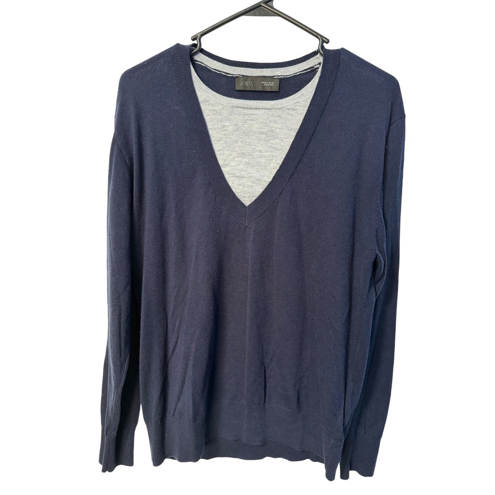 Zara Layered V-Neck Sweater Mens Large Navy Blue Wool Blend